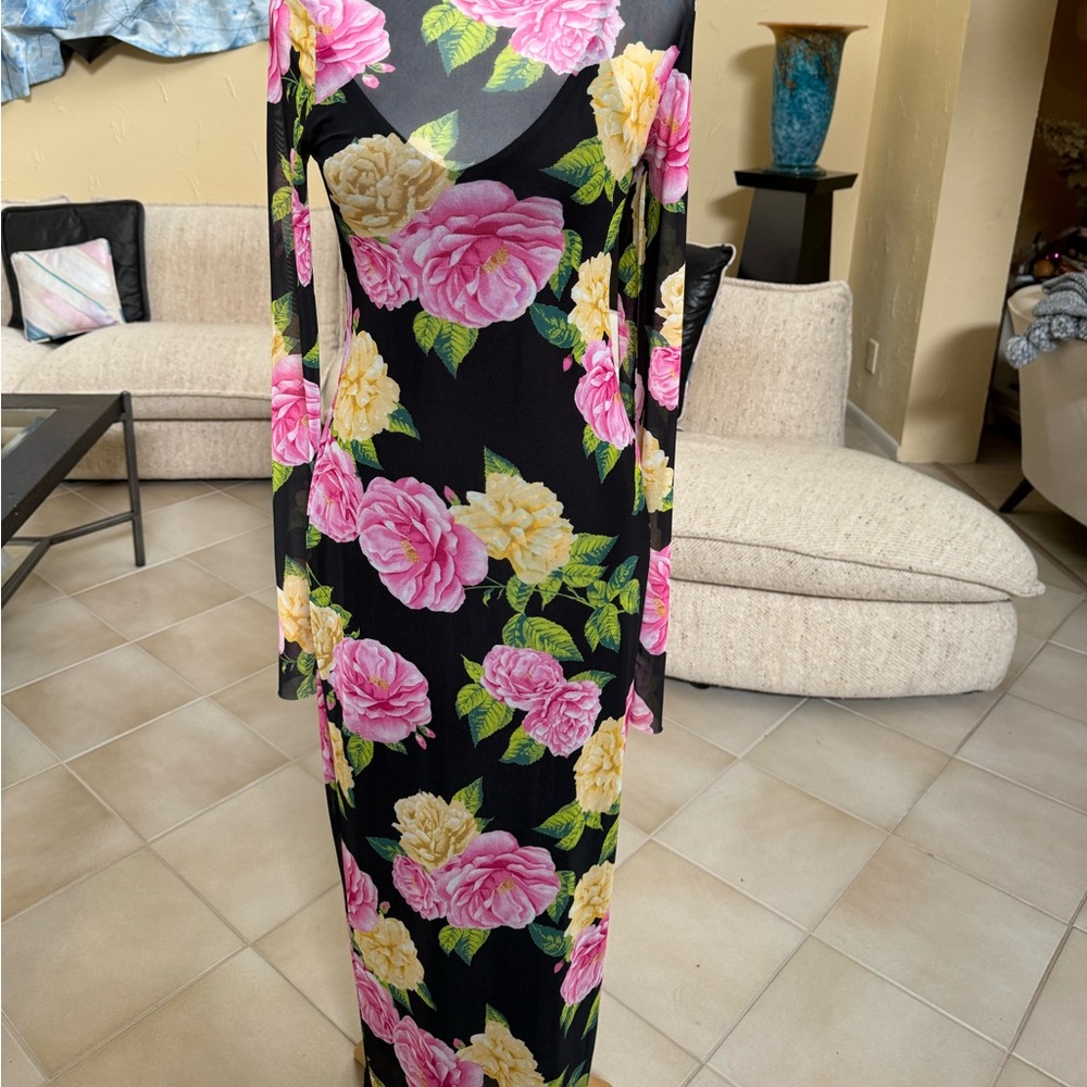 floral AFRM mesh mock turtleneck long sleeved maxi length with detached lining